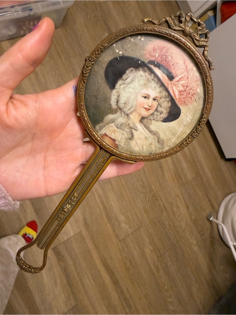 Vintage Handheld Portrait Mirror Gold & Multicolor Real Bronce